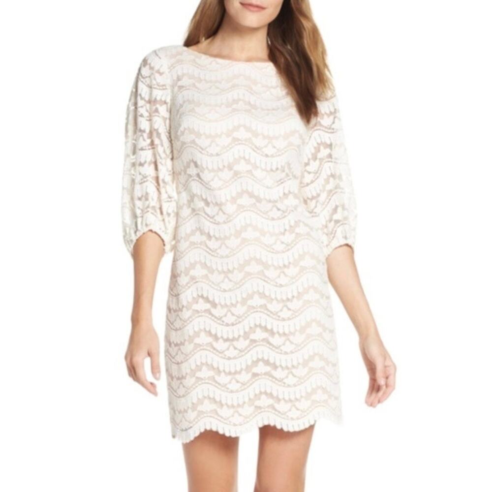 Eliza J. Lace Overlay Shift Dress Blouson Sleeves Nude Ivory Women's Size 18